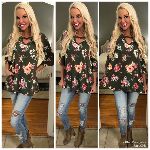 🛍LAST 1! Olive Floral Ruffle Sleeve Tunic! - Picture 2 of 3